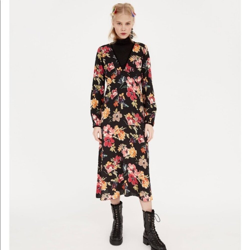 Zara Floral Velvet Trim V-Neck Long Sleeve Midi Dress Size Small Casual Boho